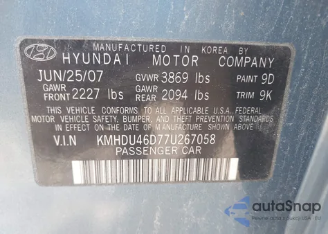 2007 Hyundai Elantra Gls/Limited/Se z USA, uszkodzony, nr VIN KMHDU46D77U267058